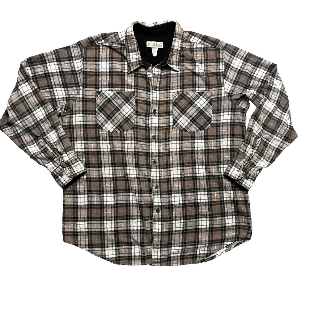 VTG Haband Shirt‎ Men Sz XL Flannel 70s Brown Plaid Long Sleeve Button Down